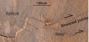 Photo (rotated by 90 degrees CCW for conserving space) of a vertical cliff face showing splay joints associated with a series of joints sheared in a normal sense in sandstone. The offset across each segment is on the order of a few millimeters.